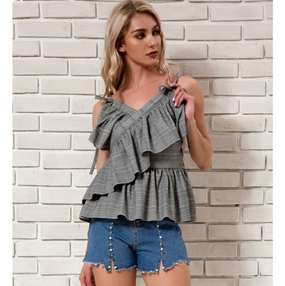 Gray Plaid Ruffle Blouse - Picture 2 of 6